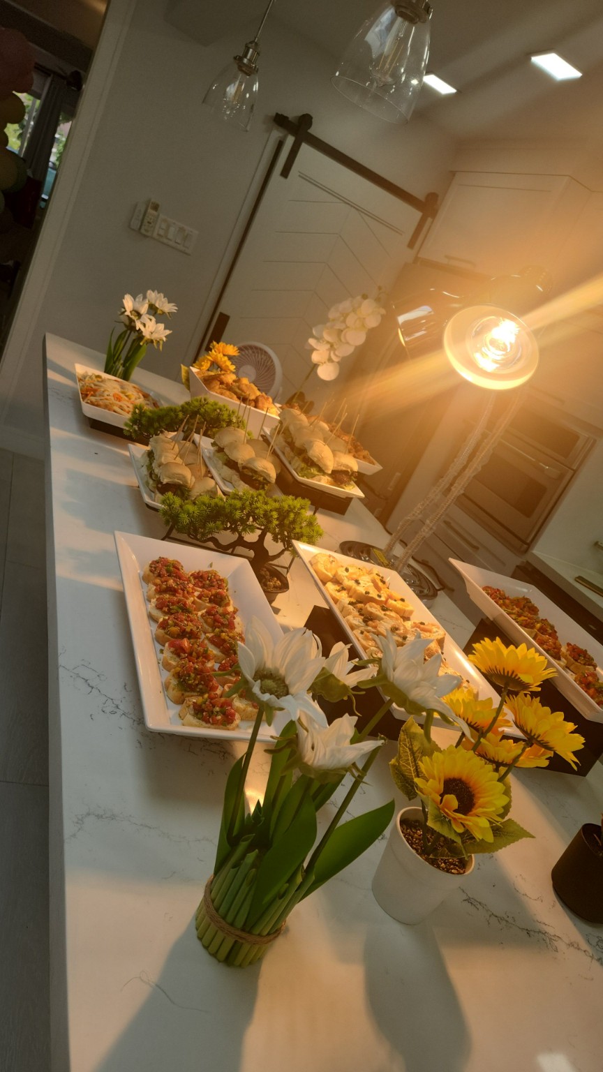 Decorated buffet table with assorted appetizers